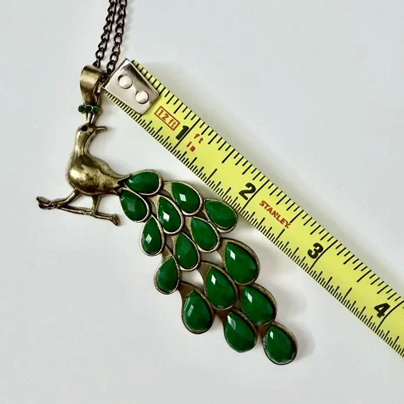 Oversized Peacock Pendant Necklace Green Stone Antique Brass Boho - Picture 3 of 5